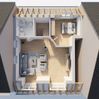 Grundriss einer modernen Wohnung mit Wohnzimmer, Küche, Schlafzimmer und Bad.