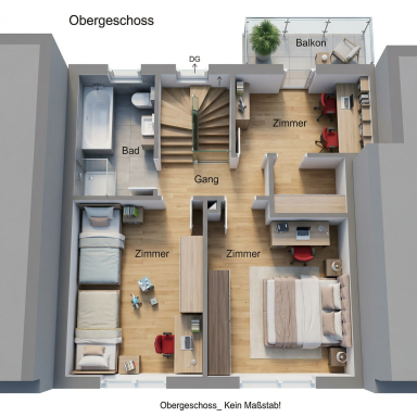 Grundriss eines Obergeschosses mit Schlafzimmer, Bad, und Treppe.