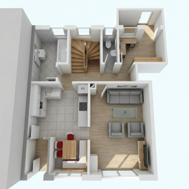 Grundriss einer Wohnung mit Wohnzimmer, Küche, Bad und Treppe. Helle Holzfußböden.